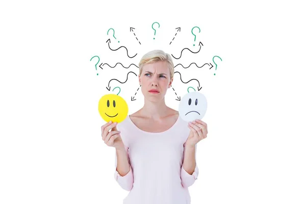 Donna con emoji tristi e felici — Foto Stock