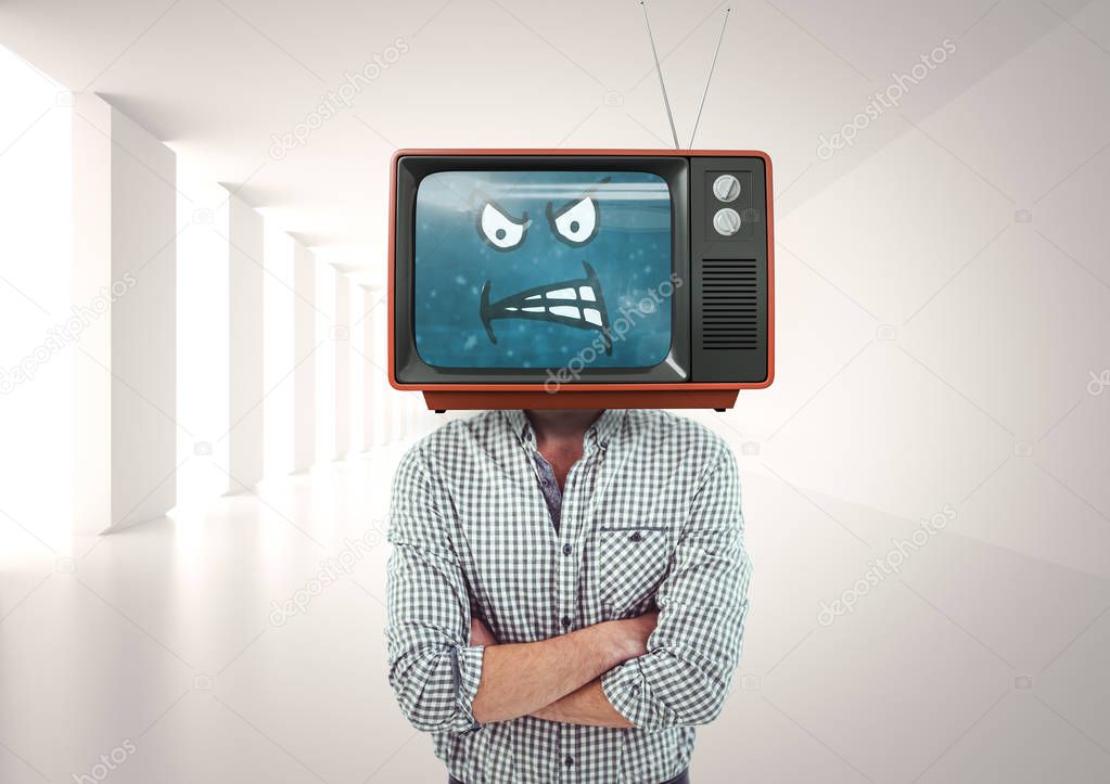 Angry man with his hands folded. Tv head
