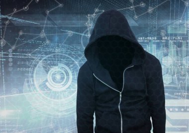 Siyah jumper hacker, önünde beyaz arabirimi