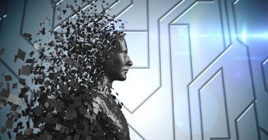 3D siyah erkek AI karşı mavi teknik desen ve mercek parlamaları