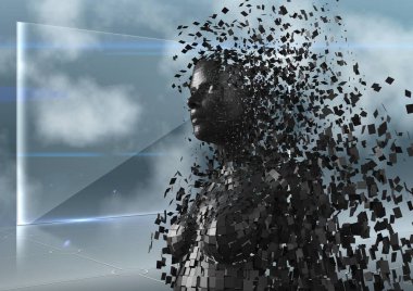 3d siyah kadın AI karşı cam ekran ve bulutlar dijital bileşik