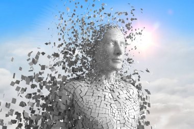 3D beyaz erkek AI karşı gökyüzü ve bulutlar
