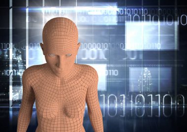 3D turuncu kadın AI karşı ikili kod ve mercek parlamaları içeren pencere