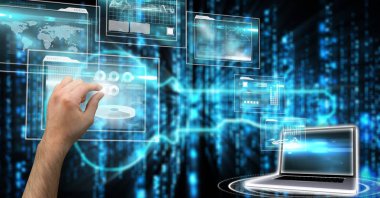 Fütüristik ekran dokunaklı el dijital olarak oluşturulan görüntü