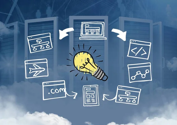 Glödlampa med skärm dator teckningar grafik — Stockfoto