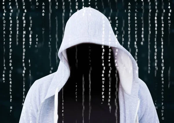 Popředí hacker šedý pulovr s tváře — Stock fotografie