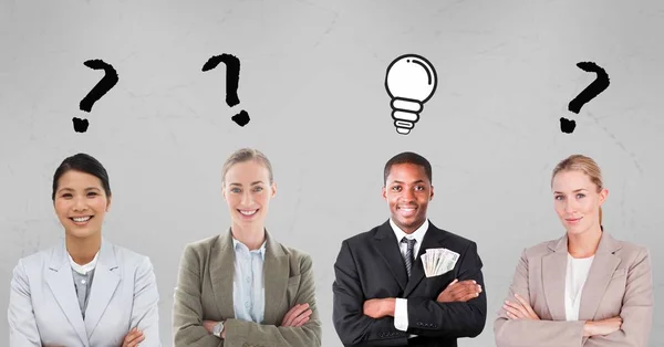 Business people with question mark and light bulb signs — Stock Photo, Image