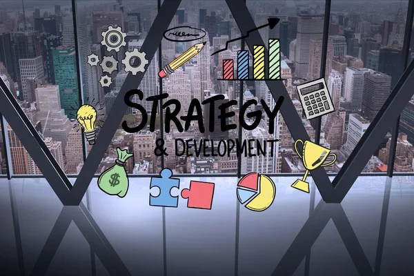 Strategie en ontwikkeling tekst omringd door pictogrammen — Stockfoto