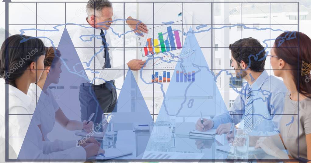 graphs and grid with business people working