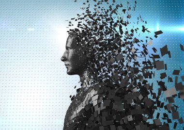 3d siyah erkek AI karşı fişekleri ile mavi noktalı arka plan dijital bileşik