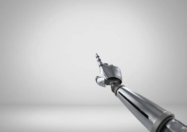 Android Robot el ile gri arka plan işaret