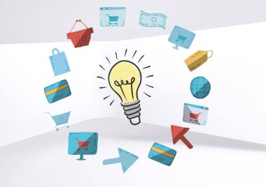 Online alışveriş çizimleri ile renkli ampul