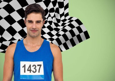 Gömlek yeşil arka plan ve Damalı bayrak karşı numarayla erkek atlet