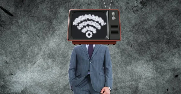 TV en la cabeza del hombre de negocios con señal WiFi — Foto de Stock