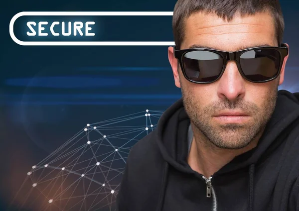 Bezpečné text s cool muž v sluneční brýle — Stock fotografie