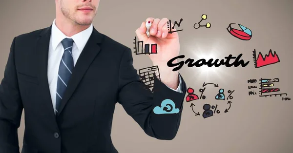 Empresário com marcador e doodles de crescimento — Fotografia de Stock