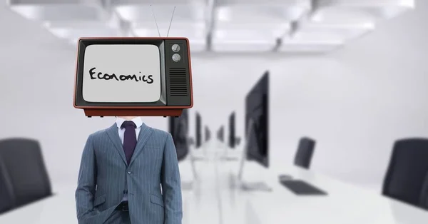 Uomo d'affari che indossa la TV in testa con testo economico sullo schermo — Foto Stock