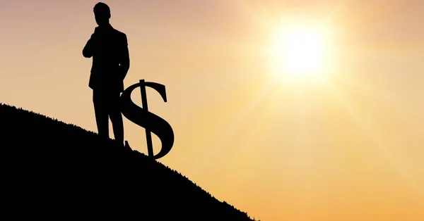 Силуэт бизнесмен с табличкой доллара против неба на закате — стоковое фото
