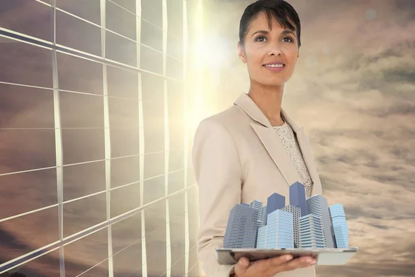 Žena držící budov ve 3d — Stock fotografie