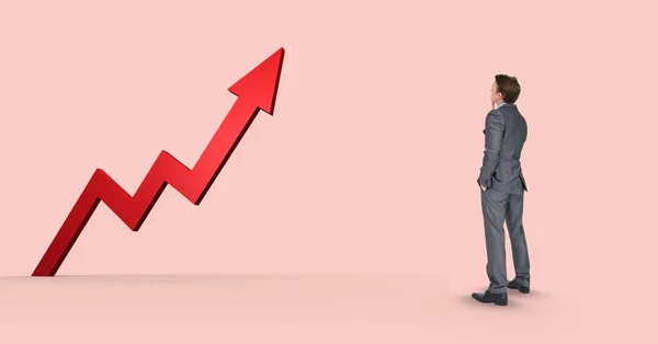 Volledige lengte van zakenman kijken naar rode pijl — Stockfoto