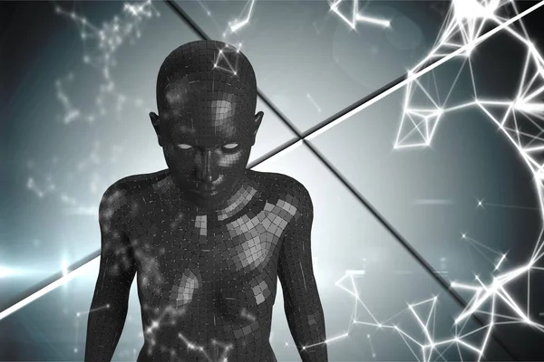 3D siyah kadın AI gri arka plan ve beyaz ağ karşı — Stok fotoğraf