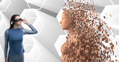 3d dağınık kadın figürü önünde VR kulaklıklar giyen kadın