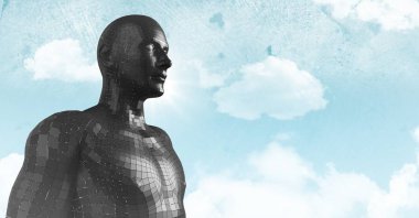 3D siyah erkek AI karşı gökyüzü ve bulutlar