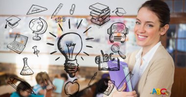 Kadın öğretmen eğitim işaretleri ile gülümseyen