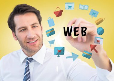 İşadamı marker arkasında web karalamalar ile