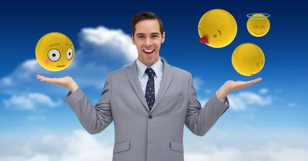 Emoji sopra mani di uomo d'affari in cielo — Foto Stock