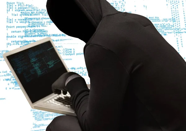 Černý svetr hacker s tváře — Stock fotografie