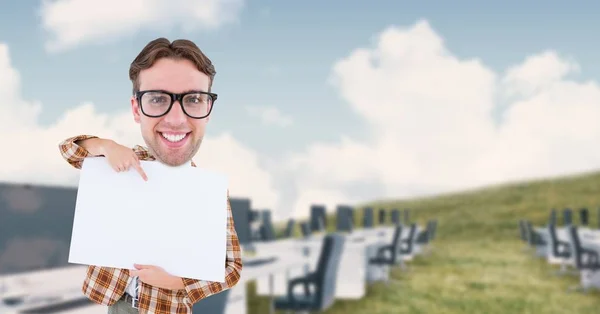 Nerd businessman pointing at blank placard — Stock Photo, Image