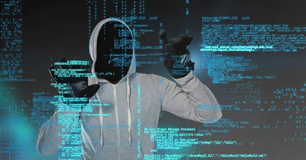 Hacker pull gris sans visage, les mains en l'air — Photo