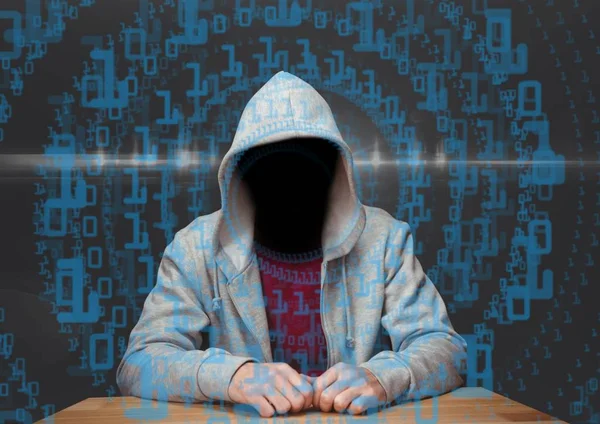 Red t shirt hacker with out face in the desk — Stock Photo, Image