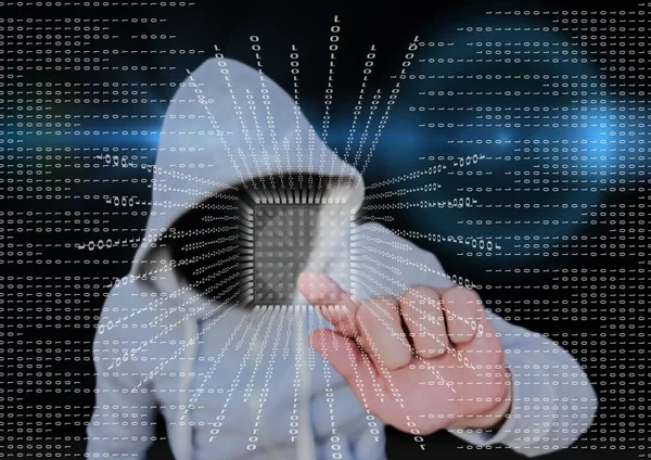 Hacker mit grauem Pullover und offenem Gesicht — Stockfoto