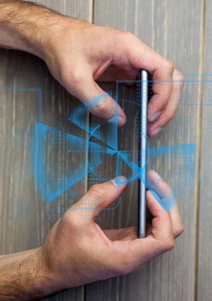Sobrecarga de mãos com telefone e interface azul — Fotografia de Stock