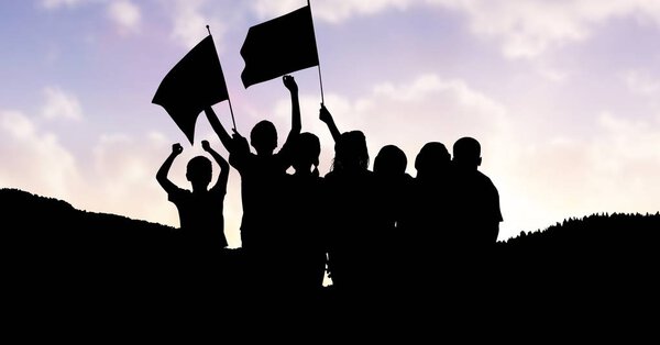 Children holding flags on mountain 