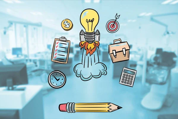 Electric bulb rocket amidst various icons in office — Stock Photo, Image