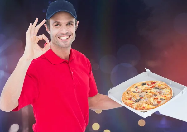 Zusteller sägt an der Pizza — Stockfoto