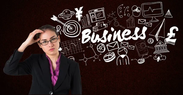 Tensed businesswoman with business text — Stock Photo, Image