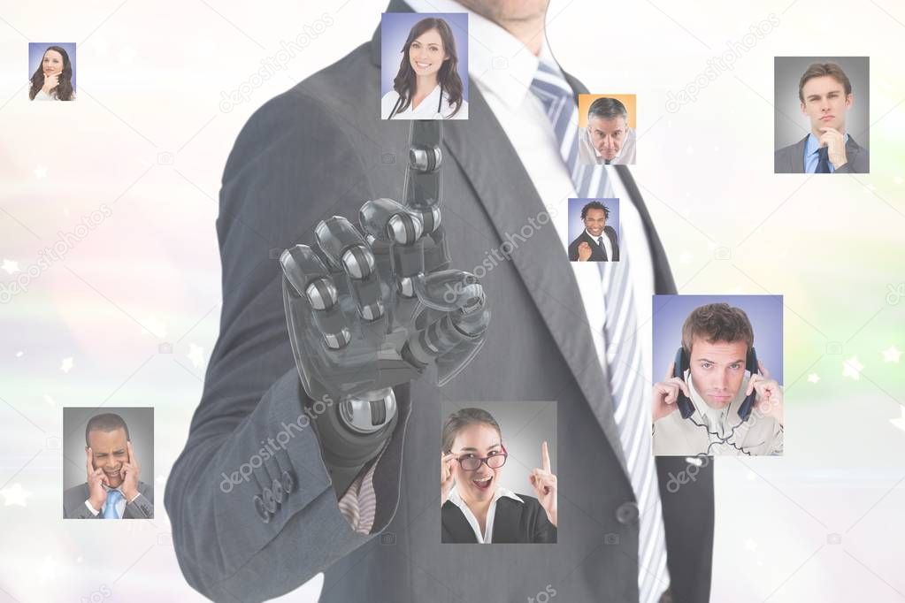 businessman with robotic hand selecting candidates
