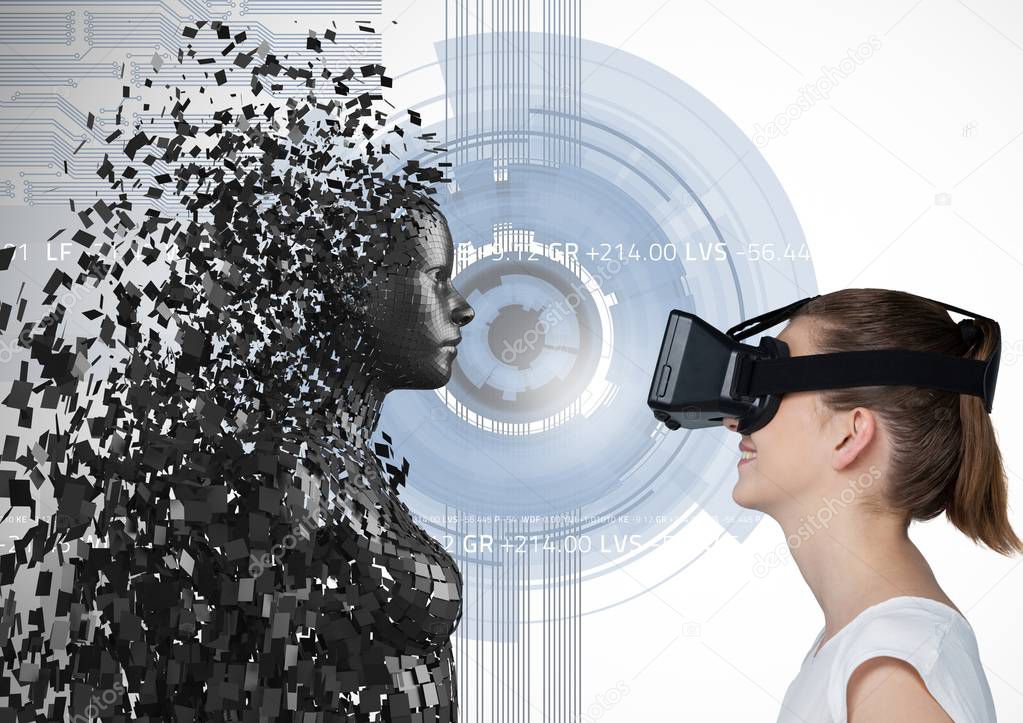 Woman looking at 3d scattered female figure on VR glasses