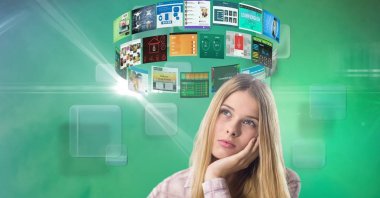 Dijital olarak oluşturulan resmin arka planda uçan panelleri ile düşünceli kadının dijital bileşik