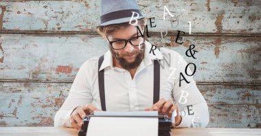 Erkek hipster daktilo kadar uçan alfabe ile kullanma