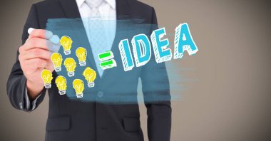 İş adamı bölüm çizim ampul orta doodle kahverengi arka planı