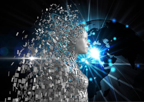 Цифровое изображение трехмерного человека на светящемся глобусе
