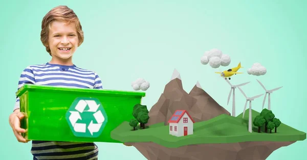Niño feliz llevando cajón de reciclaje —  Fotos de Stock
