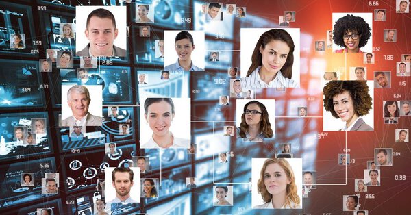 Цифровая композиция летающих портретов деловых людей
