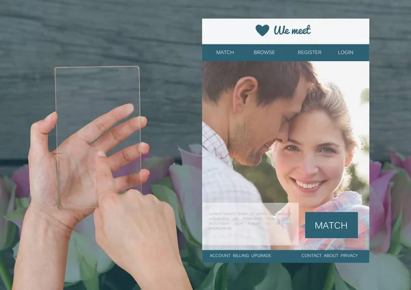 Hand hält ein Glas-Tablet mit Dating-App-Schnittstelle — Stockfoto