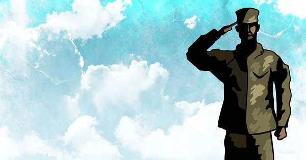 Мультиплікаційний солдат салютує на блакитне небо — стокове фото